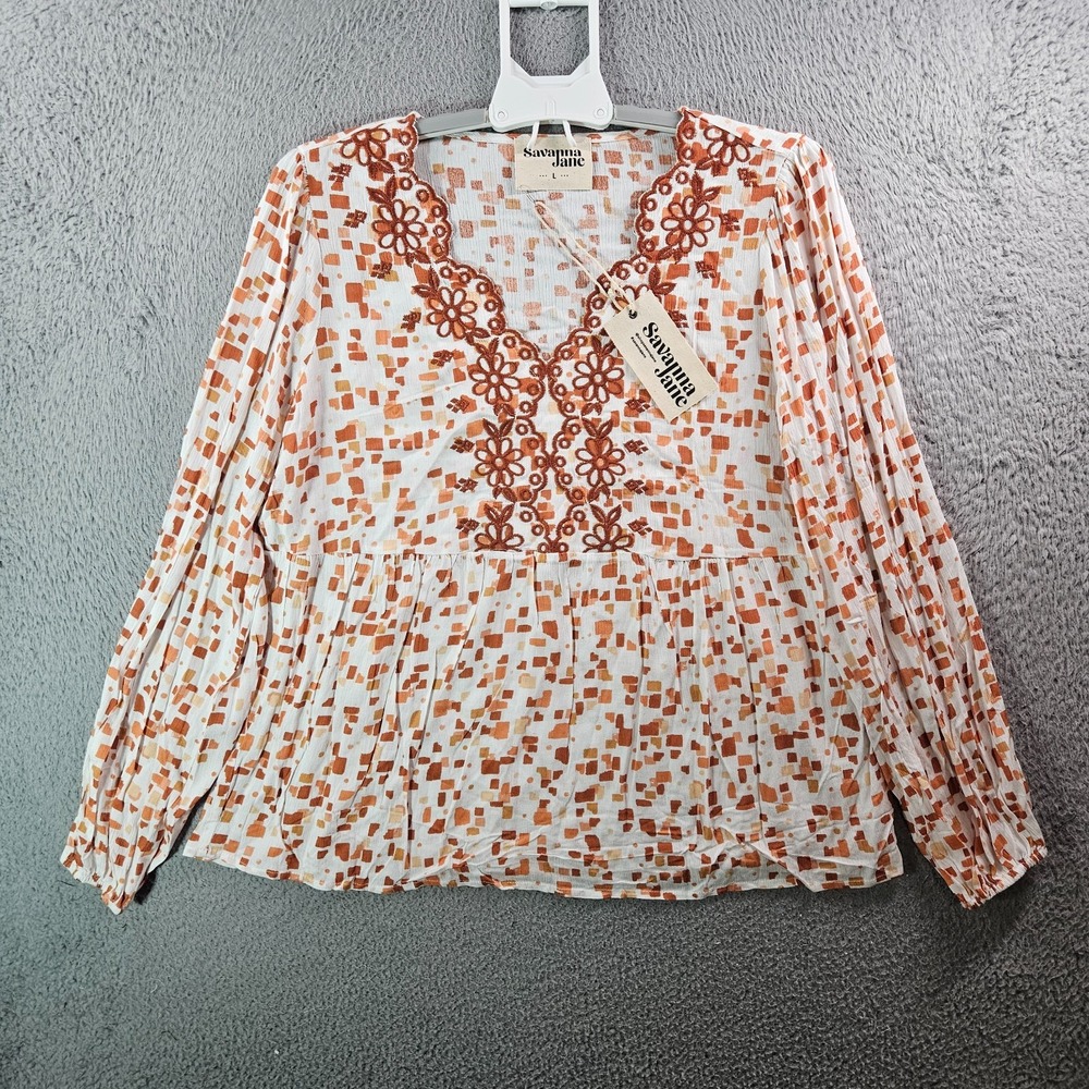 NEW Savanna Jane‎ Top Blouse Women Large Embroidered White Red Brown